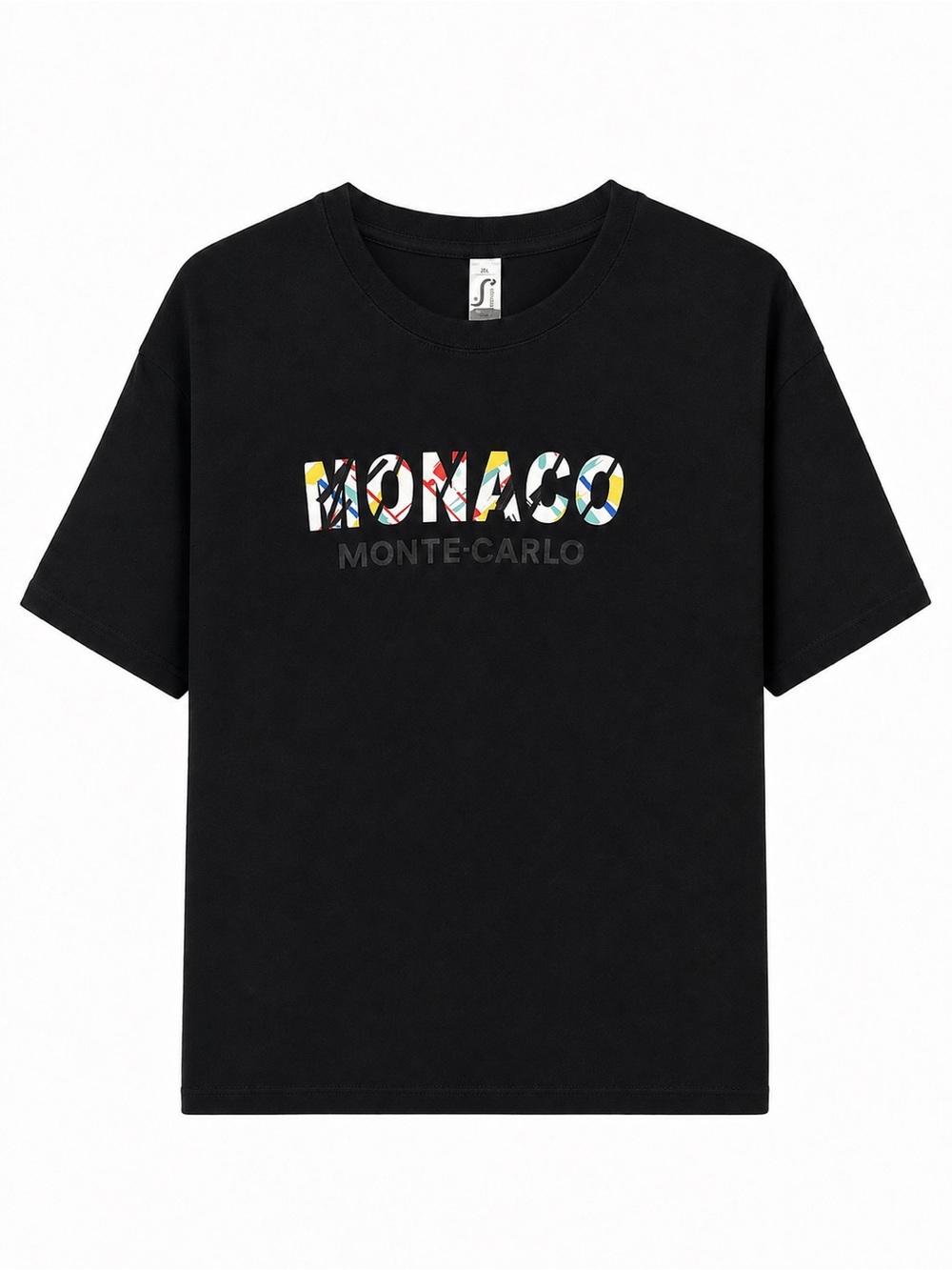 Size 2XL Black Tee with Multicolor MONACO Logo